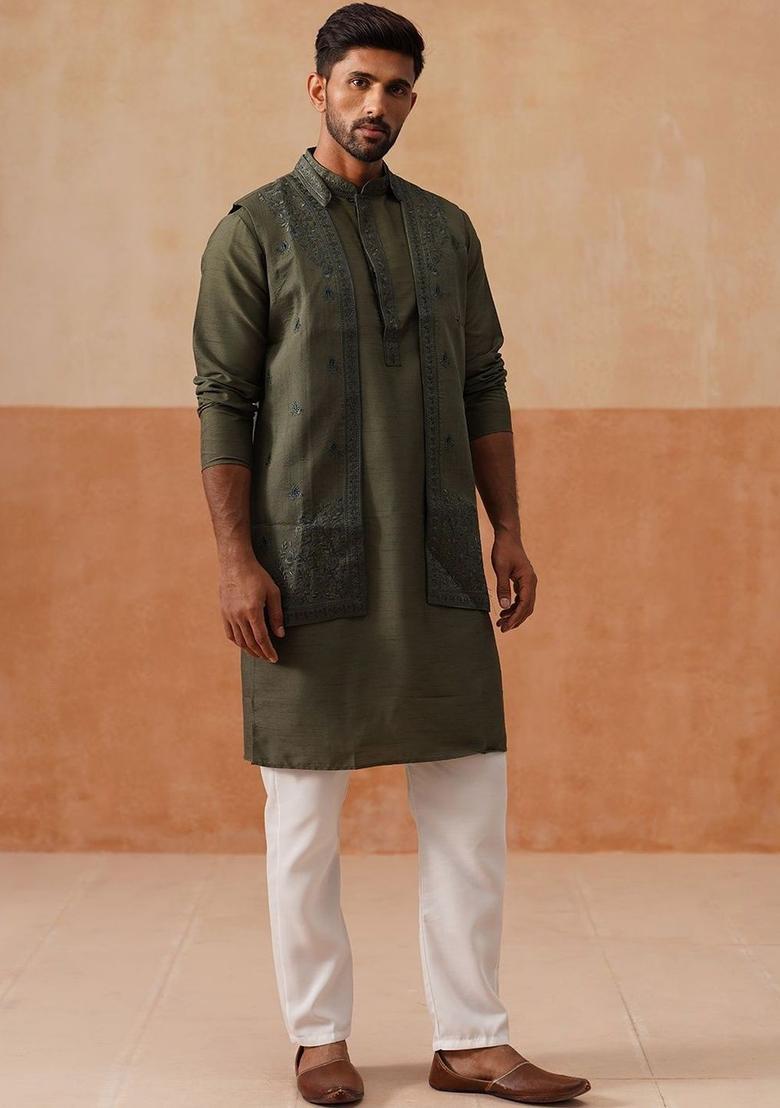 Olive Solid Silk Kurta Set For Men - Indya