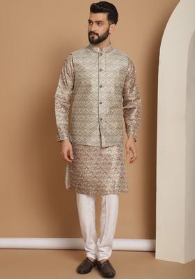 Beige Woven Design Silk Blend Kurta Set For Men