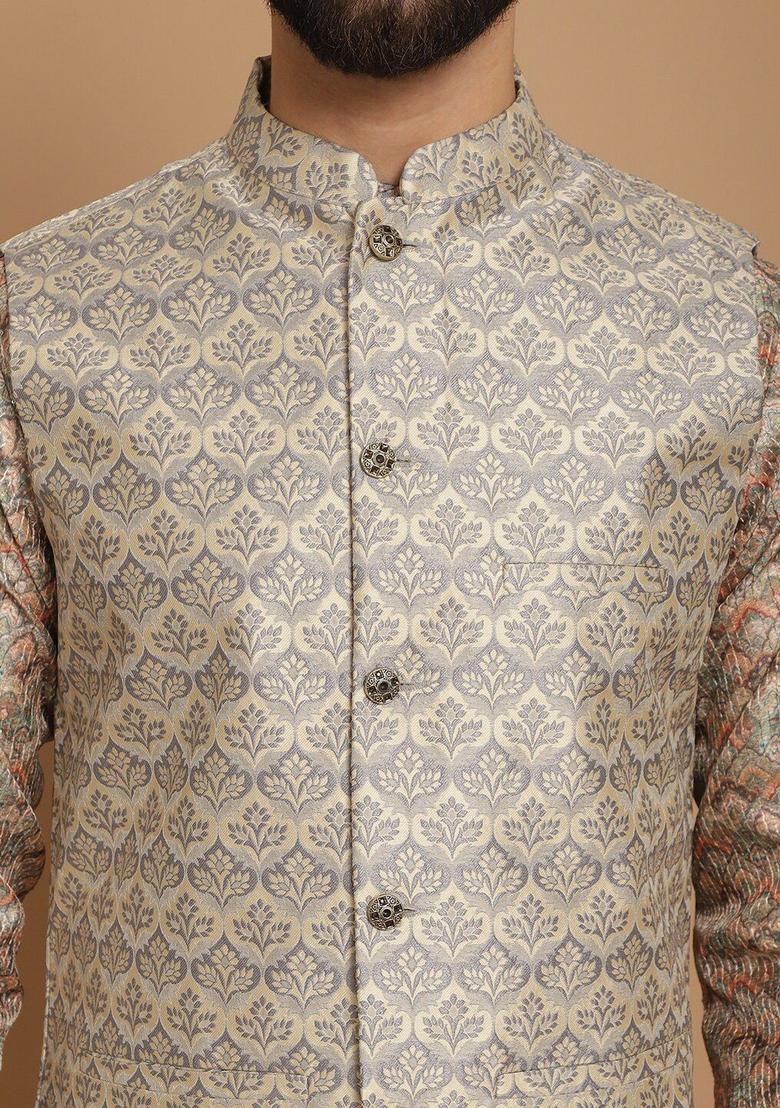 Beige Woven Design Silk Kurta Set For Men - Indya