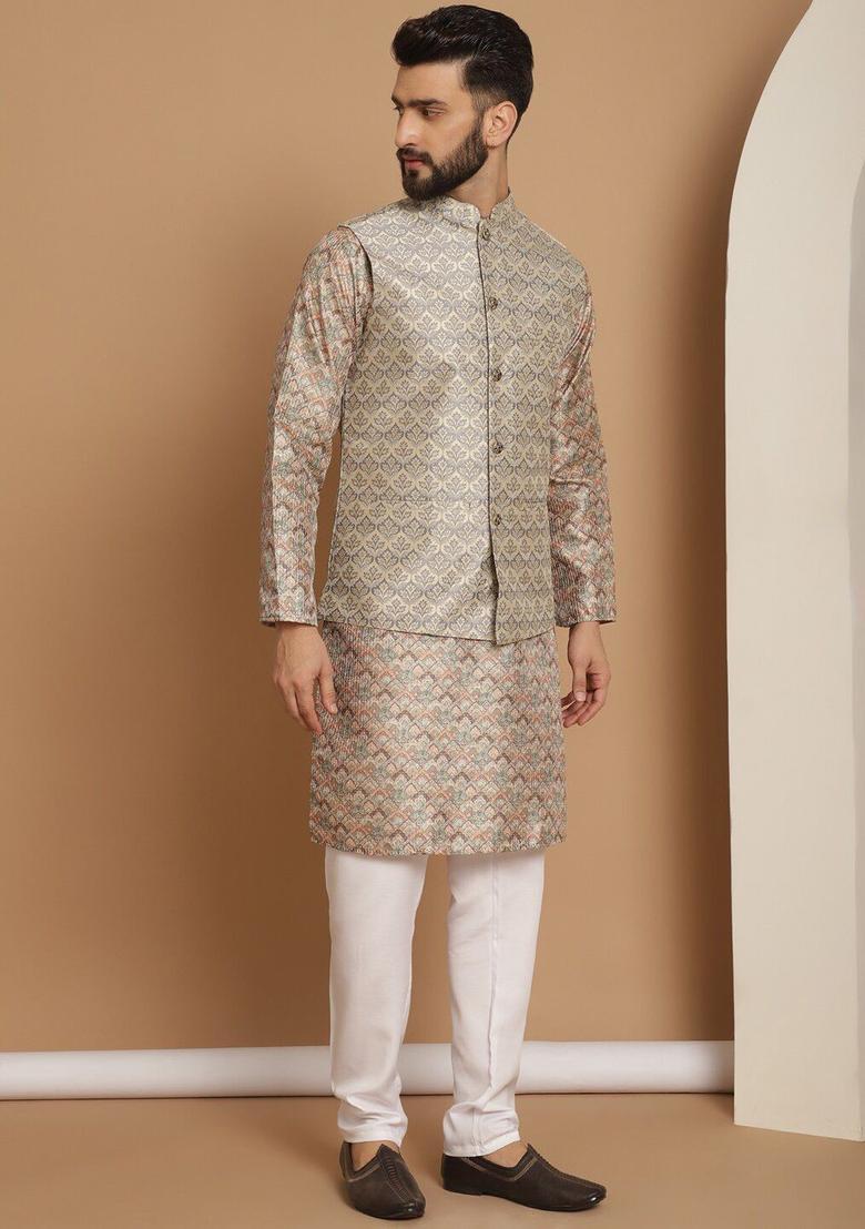 Beige Woven Design Silk Kurta Set For Men - Indya
