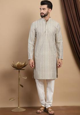 Brown Embroidered Cotton Kurta Set For Men