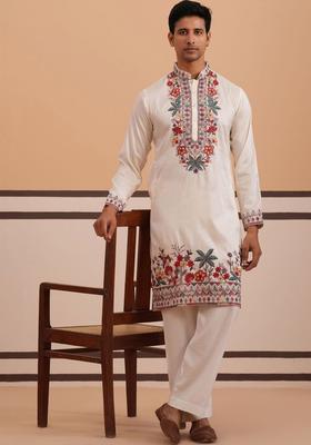White Embroidered Silk Kurta Set For Men
