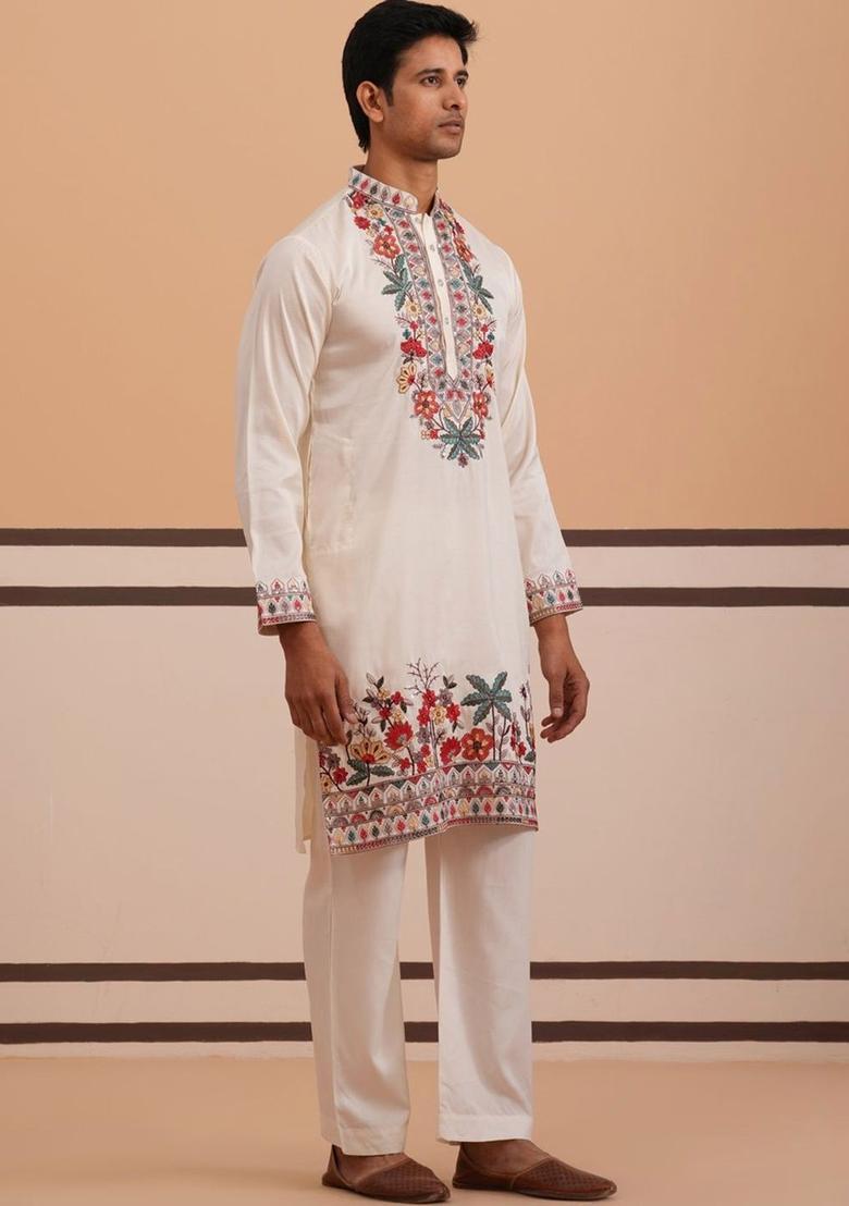 White Embroidered Silk Kurta Set For Men - Indya