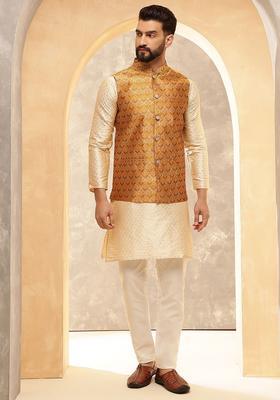 Beige Woven Design Silk Blend Kurta Set For Men