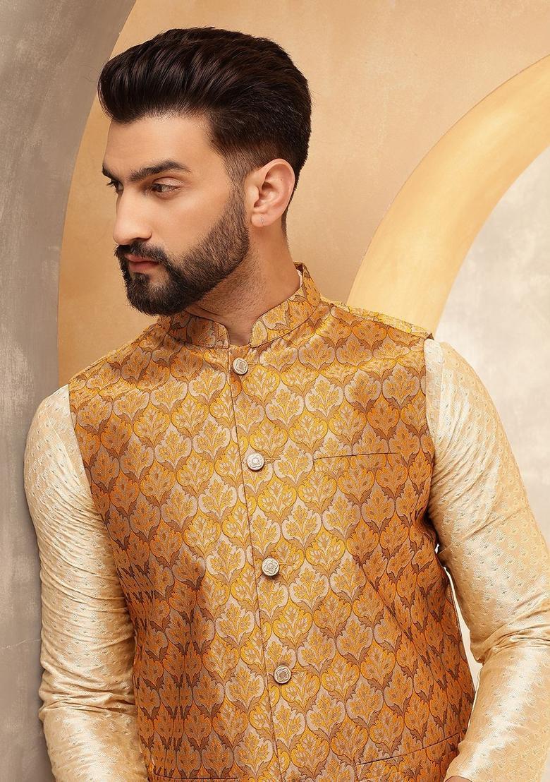 Beige Woven Design Silk Kurta Set For Men - Indya