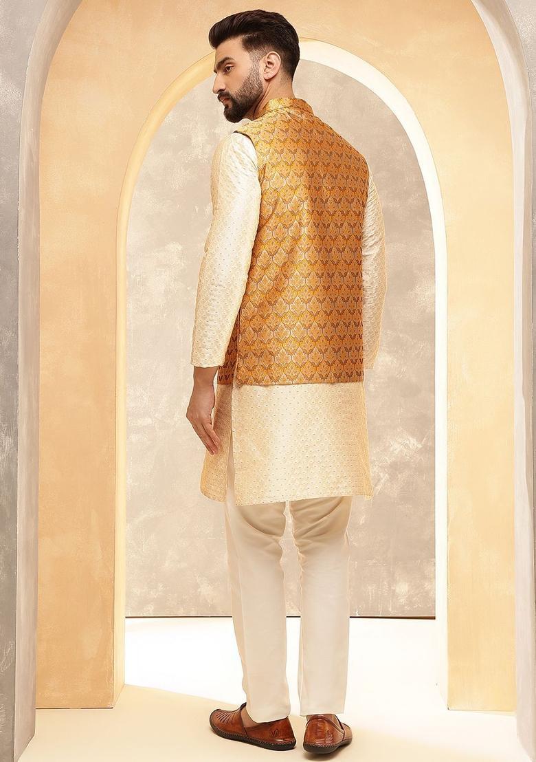 Beige Woven Design Silk Kurta Set For Men - Indya