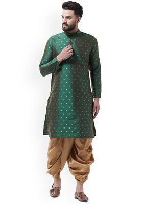 Green Self Design Silk Kurta Set For Men