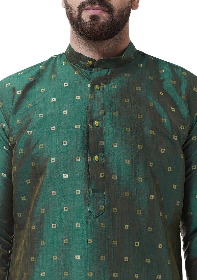 Green Self Design Silk Kurta Set For Men - Indya
