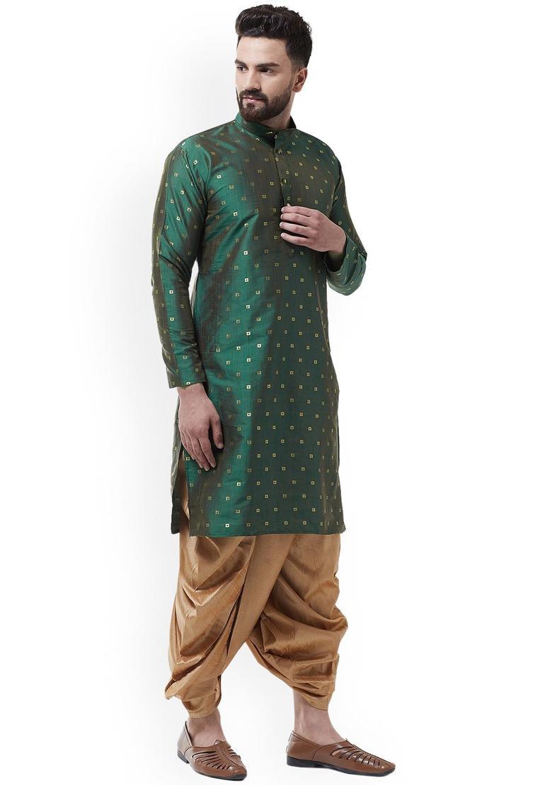 Green Self Design Silk Kurta Set For Men - Indya
