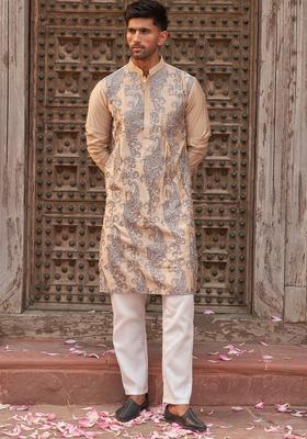 Beige Embroidered Silk Kurta Set For Men