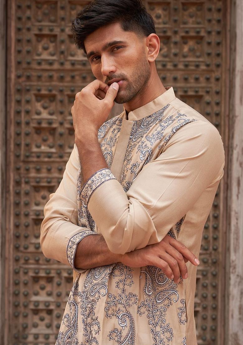 Beige Embroidered Silk Kurta Set For Men - Indya