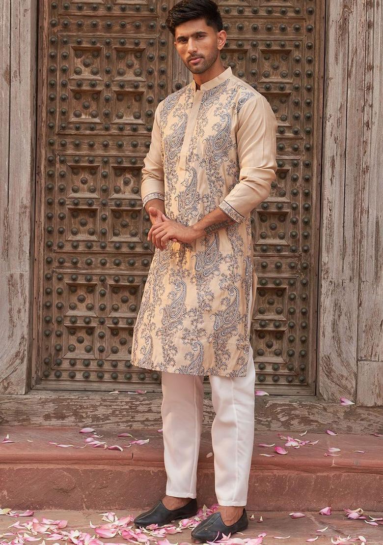 Beige Embroidered Silk Kurta Set For Men - Indya