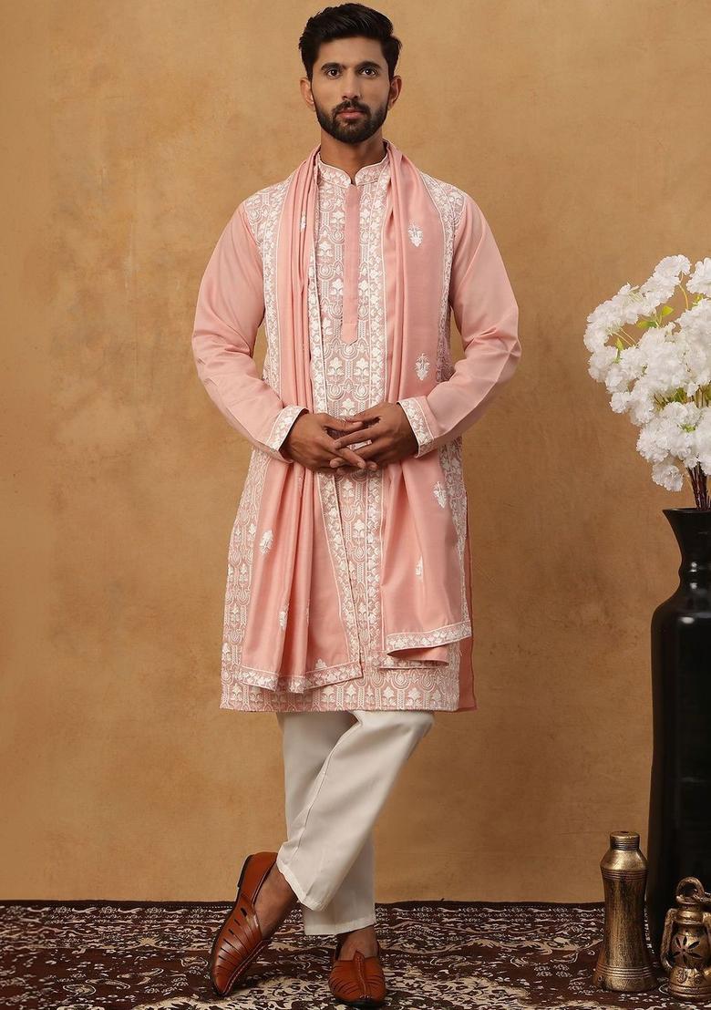 Peach Embroidered Silk Kurta Set For Men - Indya