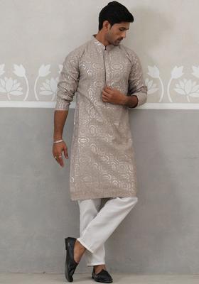 Grey Woven Design Silk Kurta Set For Men