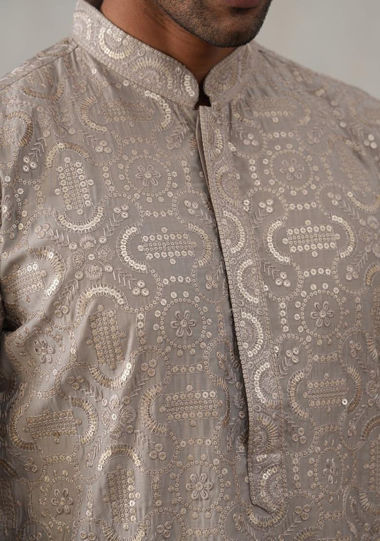 Grey Woven Design Silk Kurta Set For Men - Indya