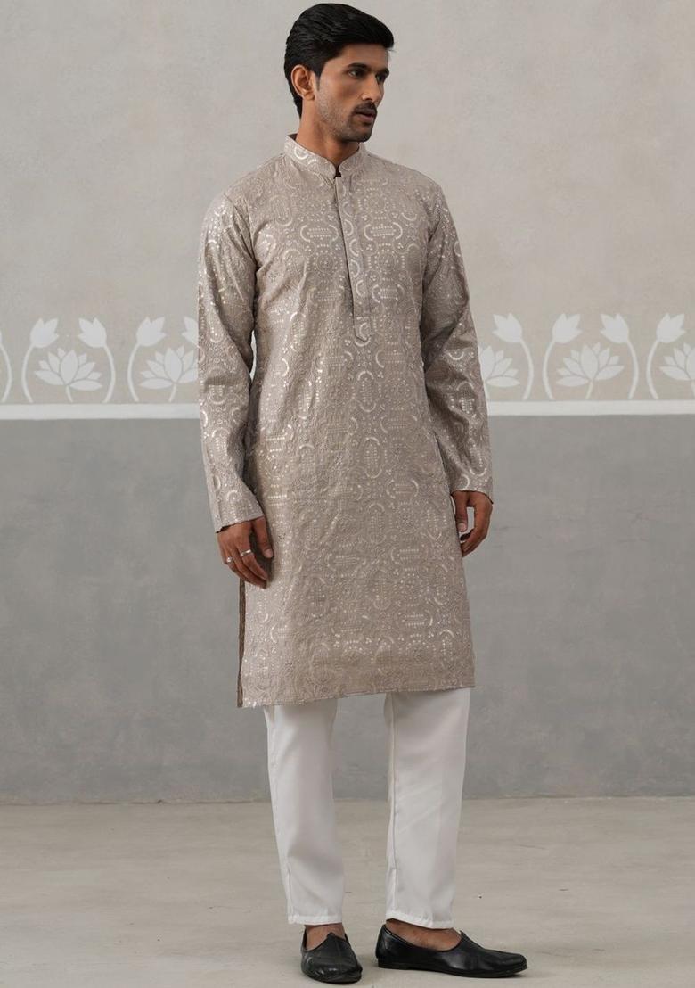 Grey Woven Design Silk Kurta Set For Men - Indya