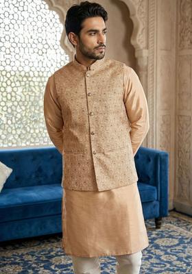 Beige Solid Silk Kurta Set For Men