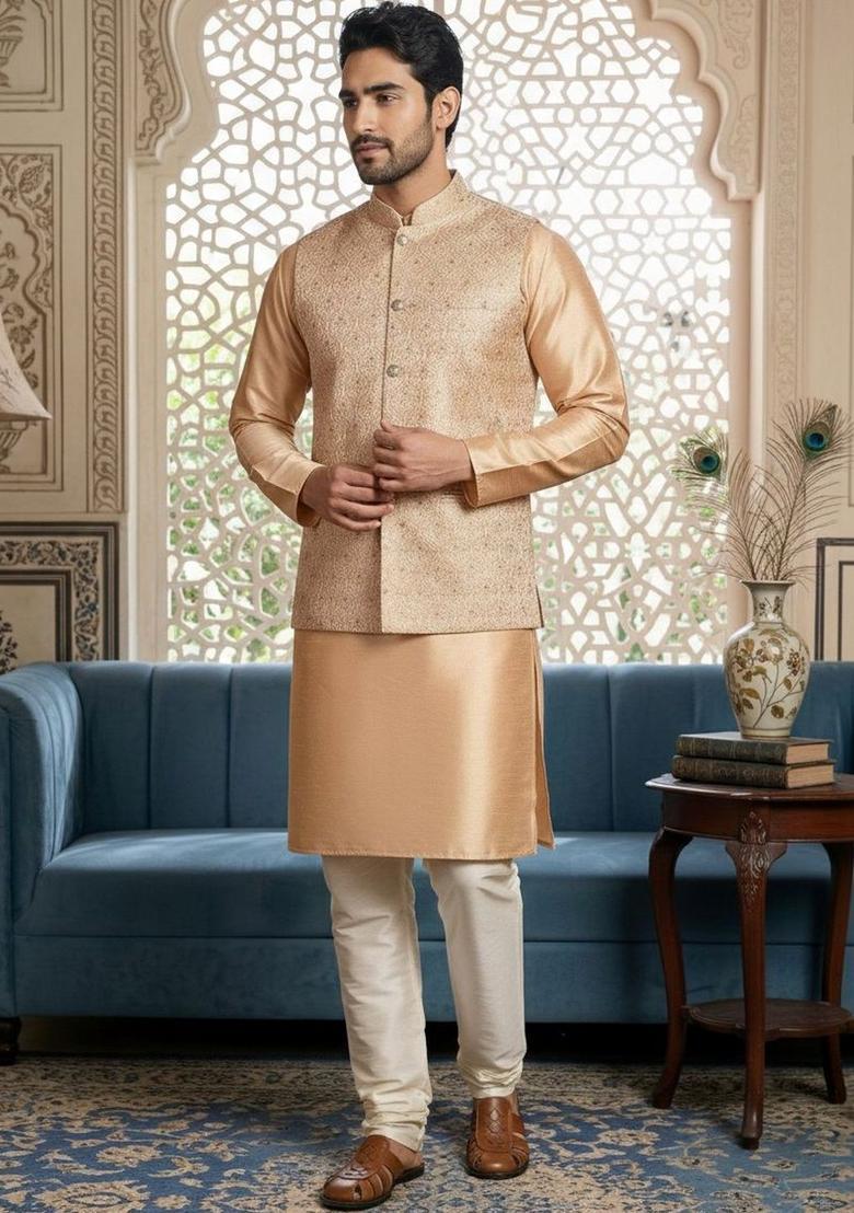 Beige Solid Silk Kurta Set For Men - Indya
