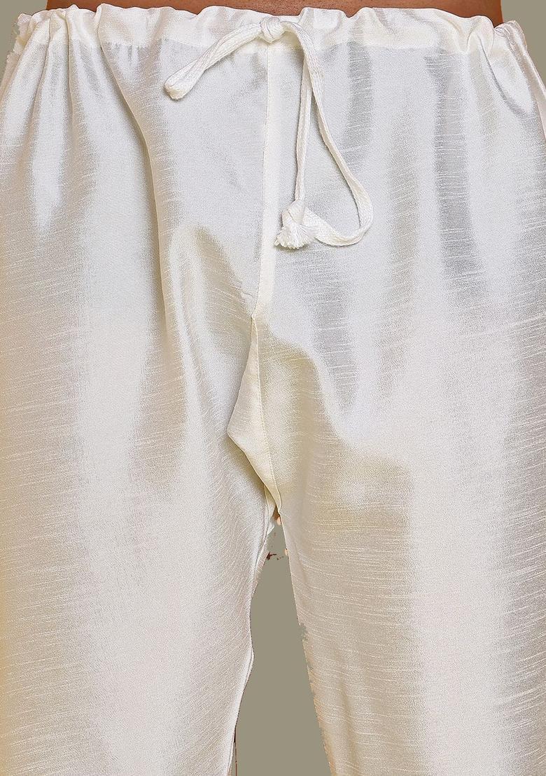 Beige Solid Silk Kurta Set For Men - Indya