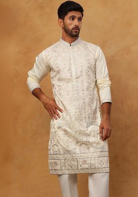 White Embroidered Silk Kurta Set For Men