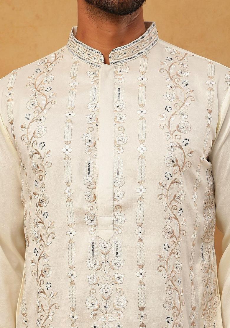 White Embroidered Silk Kurta Set For Men - Indya
