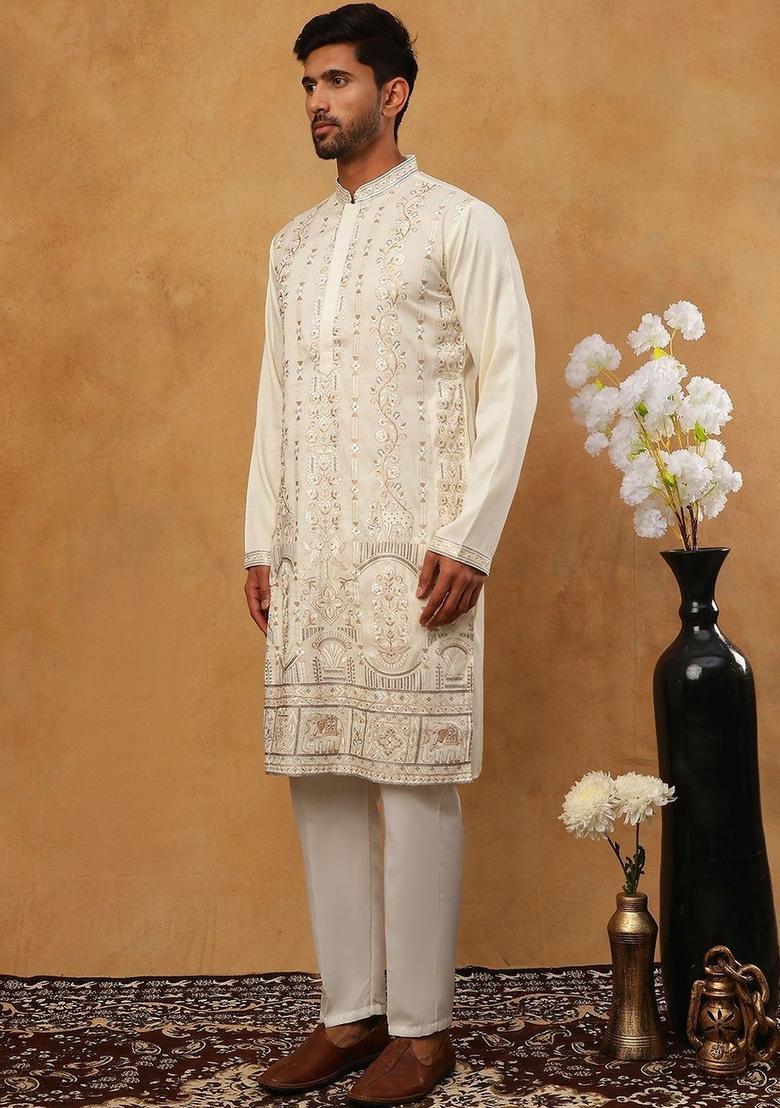 White Embroidered Silk Kurta Set For Men - Indya