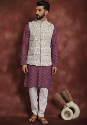 Purple Embroidered Cotton Kurta Set For Men