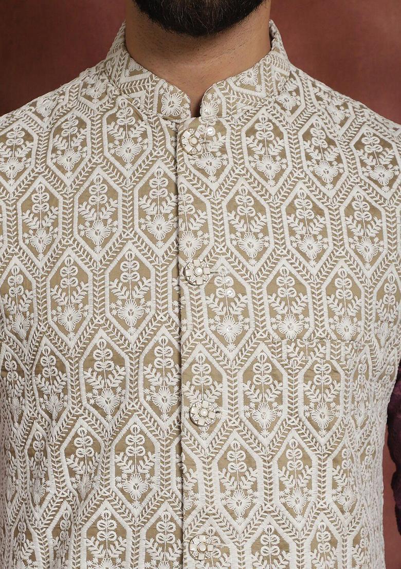 Purple Embroidered Cotton Kurta Set For Men - Indya