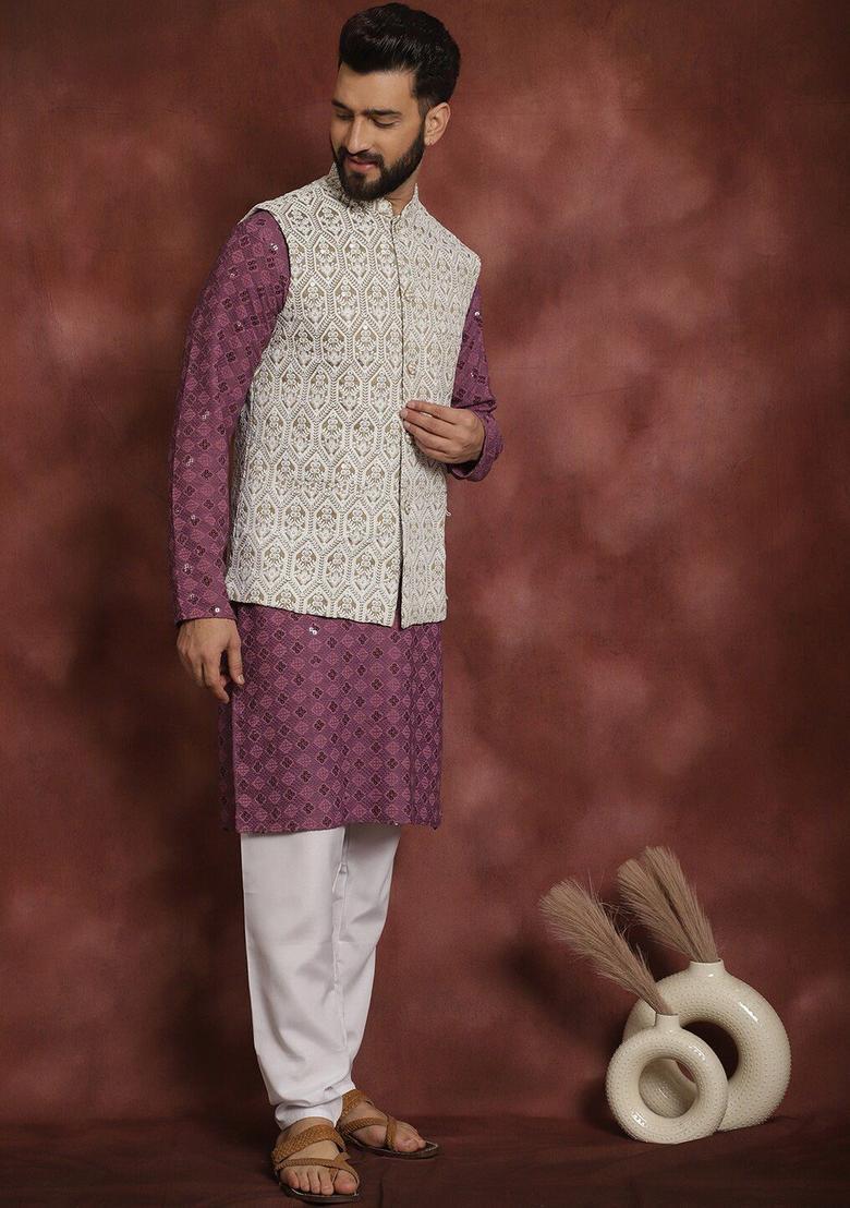 Purple Embroidered Cotton Kurta Set For Men - Indya