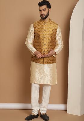 Beige Embroidered Silk Kurta Set For Men