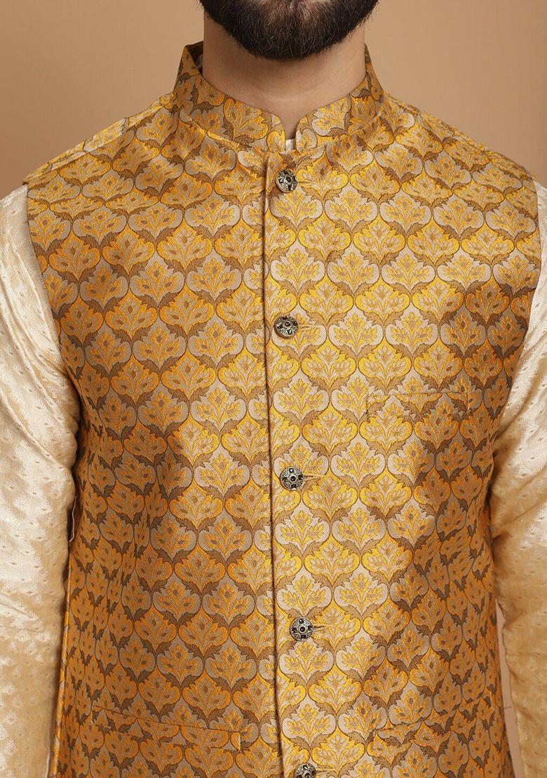 Beige Embroidered Silk Kurta Set For Men - Indya