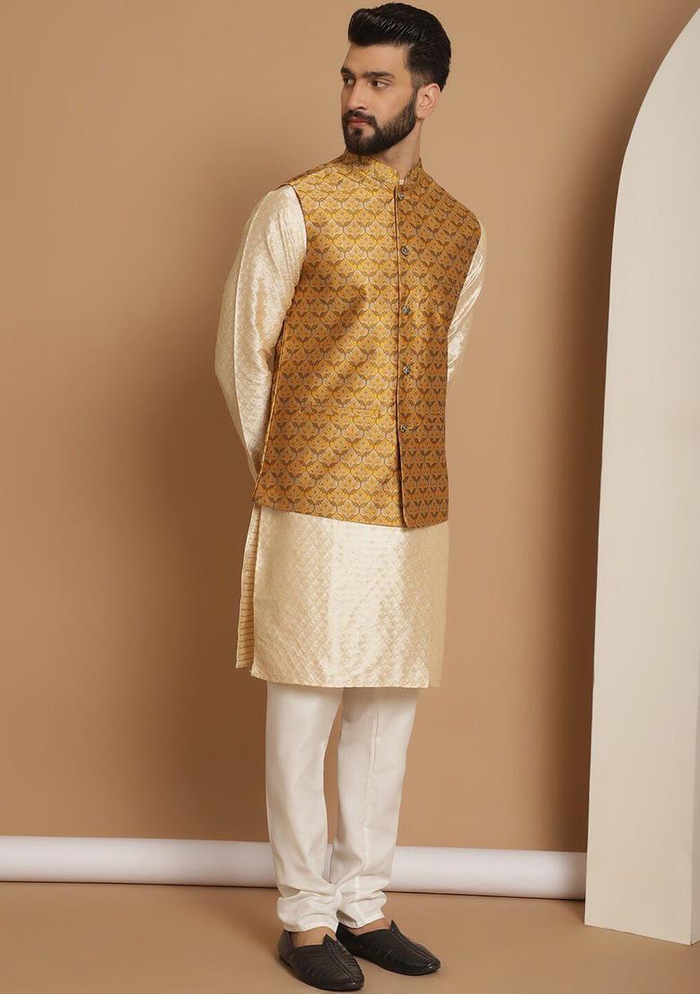 Beige Embroidered Silk Kurta Set For Men - Indya