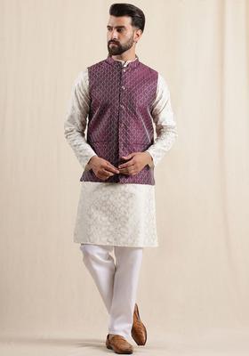 Beige Embroidered Silk Kurta Set For Men