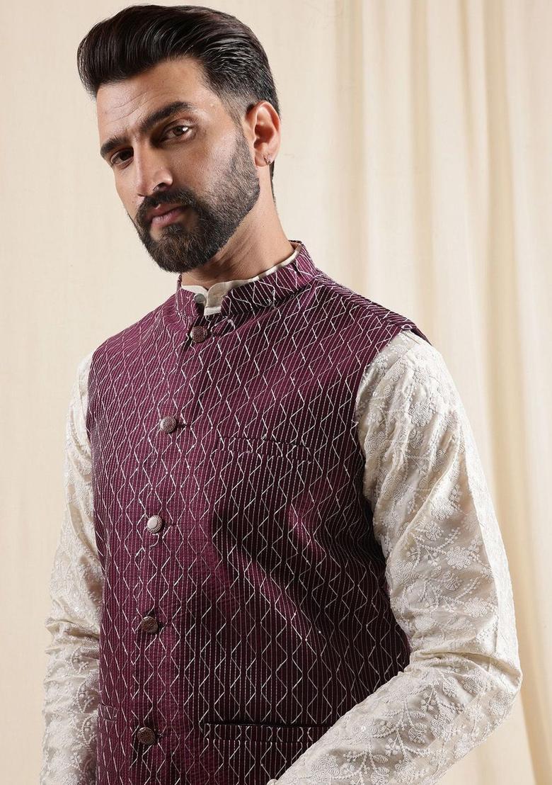 Beige Embroidered Silk Kurta Set For Men - Indya