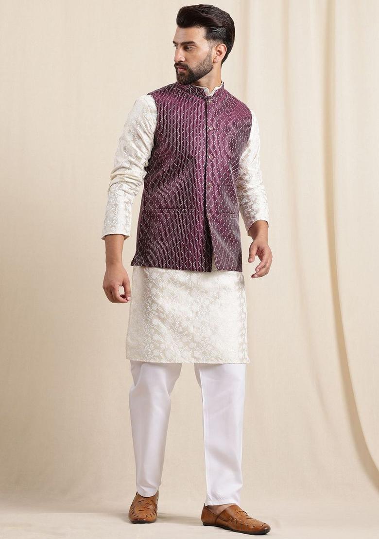 Beige Embroidered Silk Kurta Set For Men - Indya
