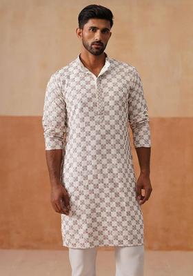 White Embroidered Viscose Kurta Set For Men