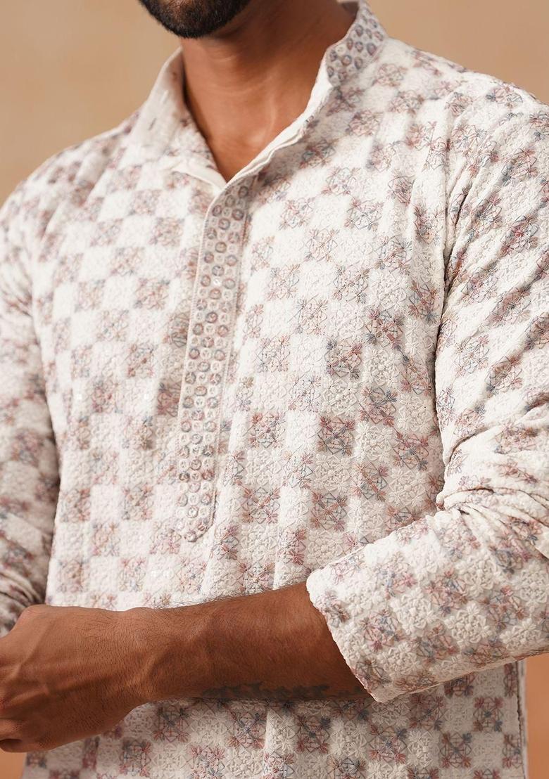 White Embroidered Viscose Kurta Set For Men - Indya