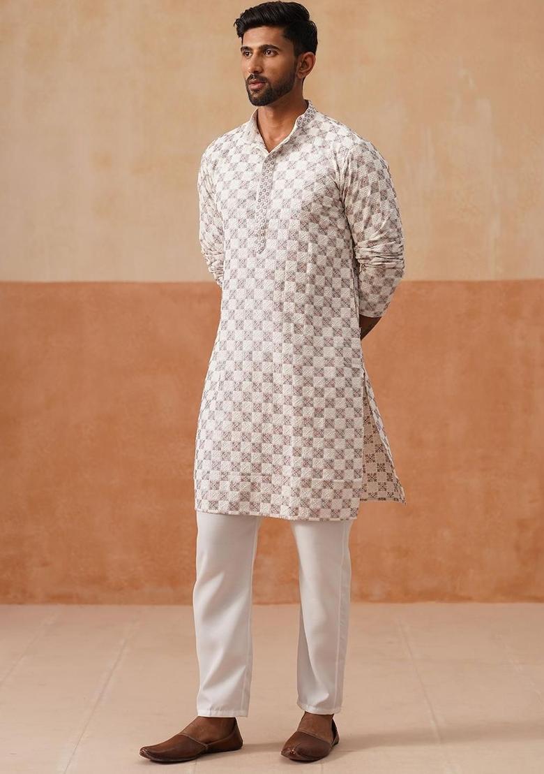 White Embroidered Viscose Kurta Set For Men - Indya