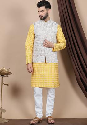 Yellow Printed Silk Kurta Set For Men