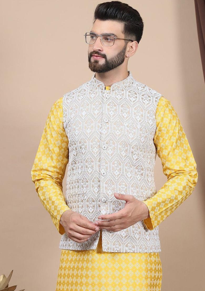 Yellow Printed Silk Kurta Set For Men - Indya
