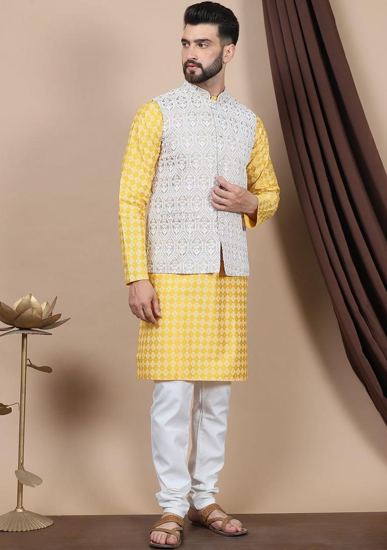 Yellow Printed Silk Kurta Set For Men - Indya
