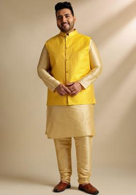 Gold Woven Design Silk Kurta Set For Men