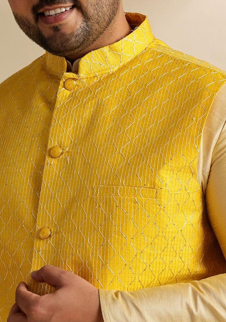 Gold Woven Design Silk Kurta Set For Men - Indya