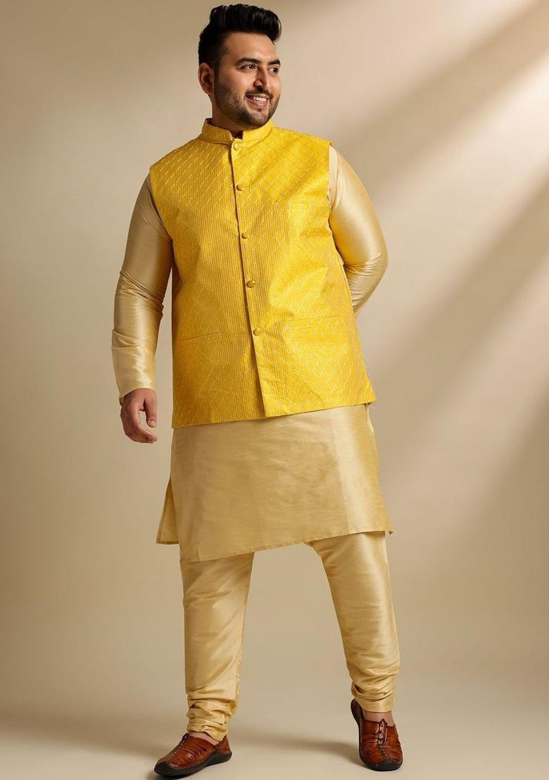 Gold Woven Design Silk Kurta Set For Men - Indya