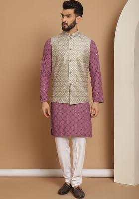 Purple Embroidered Cotton Kurta Set For Men