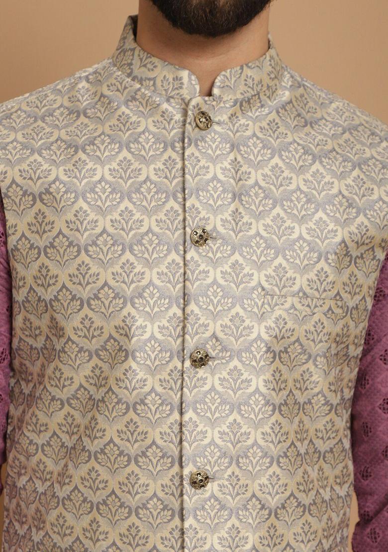 Purple Embroidered Cotton Kurta Set For Men - Indya