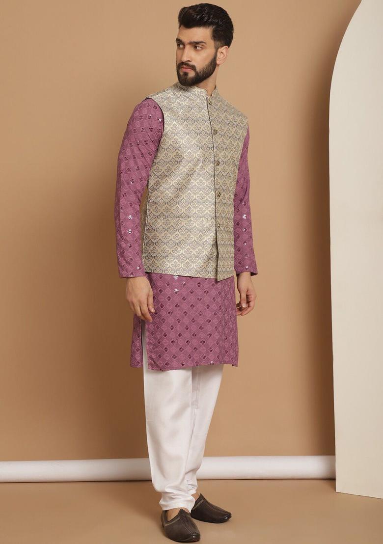 Purple Embroidered Cotton Kurta Set For Men - Indya