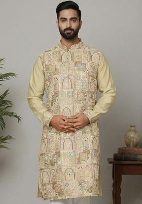 Beige Embroidered Silk Kurta Set For Men