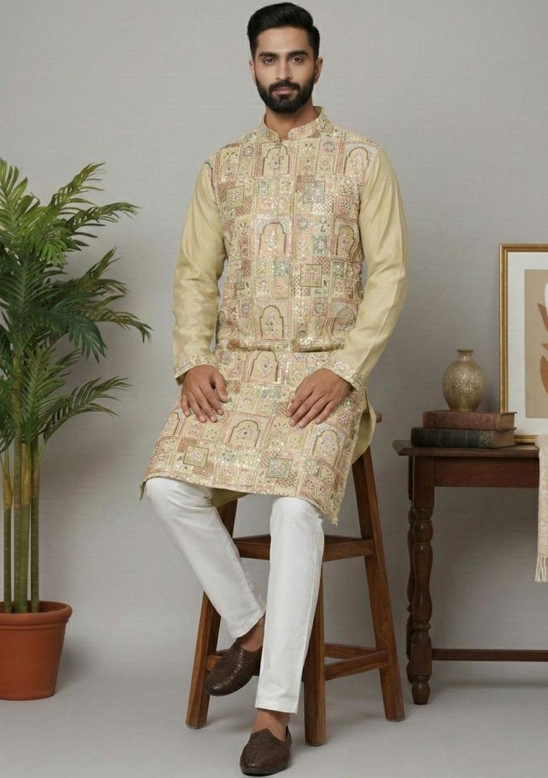 Beige Embroidered Silk Kurta Set For Men - Indya