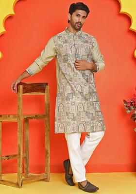 Beige Embroidered Silk Kurta Set For Men